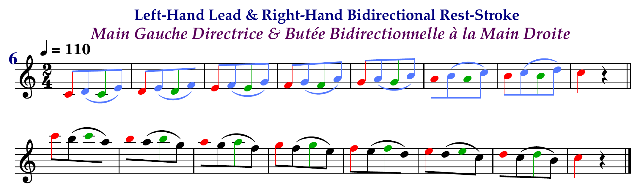 Oblique Motion, Exercise 6: Left-Hand Lead & Right-Hand Bidirectional Rest-Stroke / Mouvement Oblique, Exercice 6 : Main Gauche Directrice & Butée Bidirectionnelle à la Main Droite